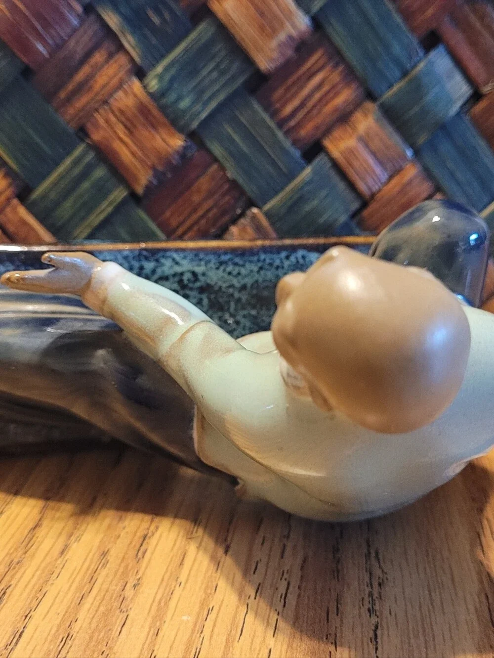 Hand-Painted Ceramic Martial Arts Figurine in Beige and Blue Mud Man Vintage